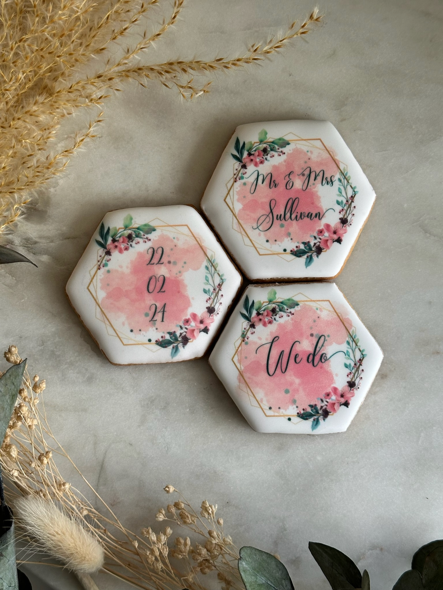 Personalised Hexagonal Pink Floral Trio Cookie Set