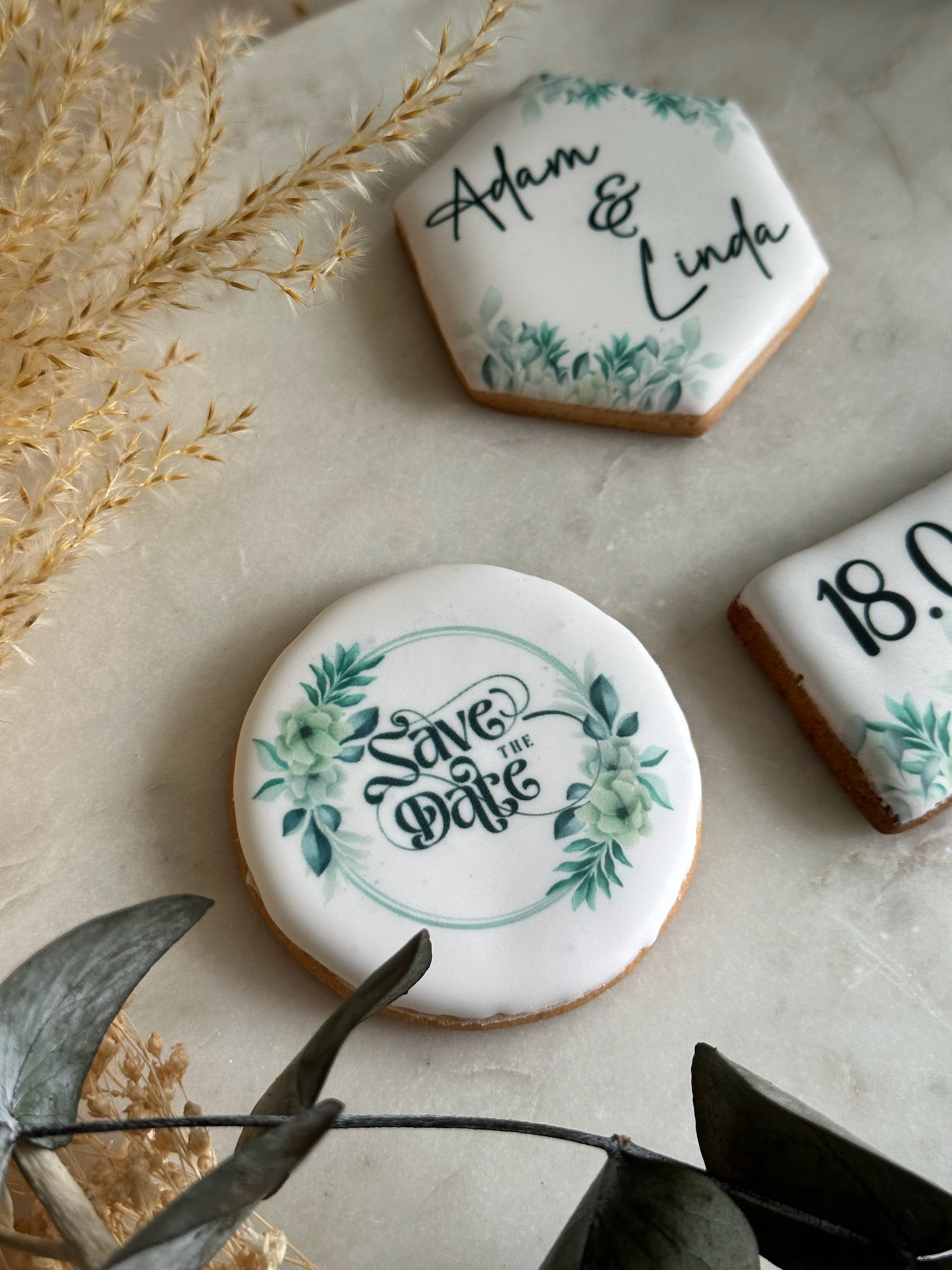 Personalised 'Save The Date' Green Floral Cookie Set