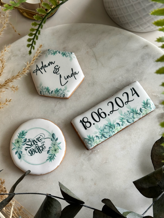 Personalised 'Save The Date' Green Floral Cookie Set